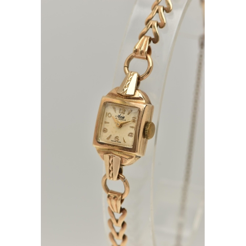 21 - A 9CT GOLD LADIES WRISTWATCH, hand wound movement, square dial signed 'Avia', Arabic numerals inters... 