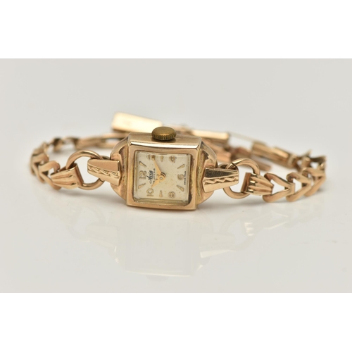 21 - A 9CT GOLD LADIES WRISTWATCH, hand wound movement, square dial signed 'Avia', Arabic numerals inters... 