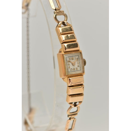 22 - A YELLOW METAL AND 9CT GOLD LADIES WRISTWATCH, hand wound movement, square dial, Arabic numerals, ye... 