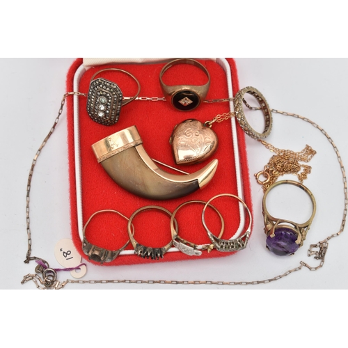 23 - AN ASSORTMENT OF JEWELLERY, to include a Victorian  yellow metal mounted bear claw brooch, approxima... 