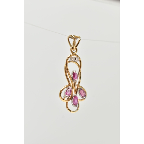 25 - AN 18CT GOLD RUBY AND DIAMOND PENDANT, the open scrolling wirework design set with four marquise sha... 