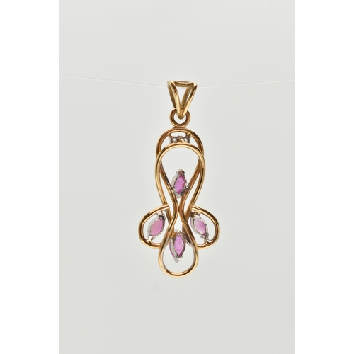 25 - AN 18CT GOLD RUBY AND DIAMOND PENDANT, the open scrolling wirework design set with four marquise sha... 