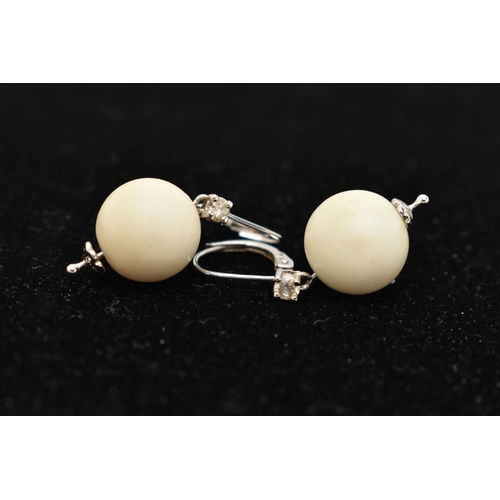 27 - A PAIR OF DROP EARRINGS, each designed as a spherical semi-precious bead with a brilliant cut diamon... 