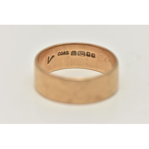 3 - A 9CT GOLD BAND RING, a flat polished yellow gold band ring, approximate width 7mm, hallmarked 9ct L... 