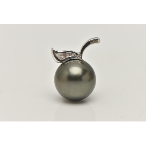 33 - A CULTURED PEARL AND DIAMOND PENDANT, the dyed peacock colour cultured pearl with diamond set leaf s... 