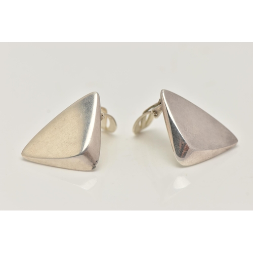 36 - A PAIR OF 'GEORG JENSEN' CLIP ON EARRINGS, of triangular outline with clip earring backs, stamped Ge... 