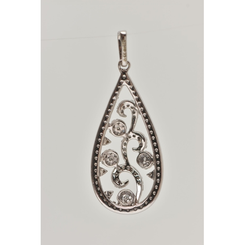 38 - A 9CT GOLD DIAMOND PENDANT, the pear shape pendant of open work scrolling design, set with single cu... 