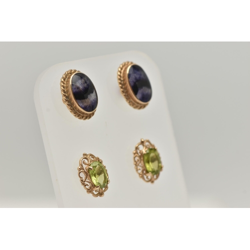 41 - TWO PAIRS OF GEM STUD EARRINGS, the first designed as oval Blue John panels in collet settings with ... 