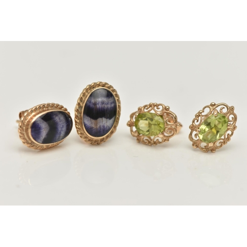 41 - TWO PAIRS OF GEM STUD EARRINGS, the first designed as oval Blue John panels in collet settings with ... 