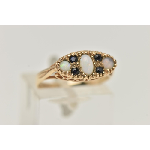 42 - A 9CT GOLD OPAL AND SAPPHIRE RING, designed as an oval and two circular opal cabochons, interspaced ... 