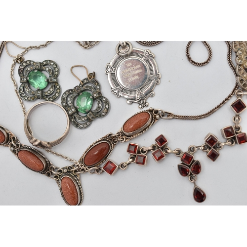 43 - SIX ITEMS OF SILVER AND WHITE METAL JEWELLERY, to include a marcasite bracelet, a silver sporting me... 