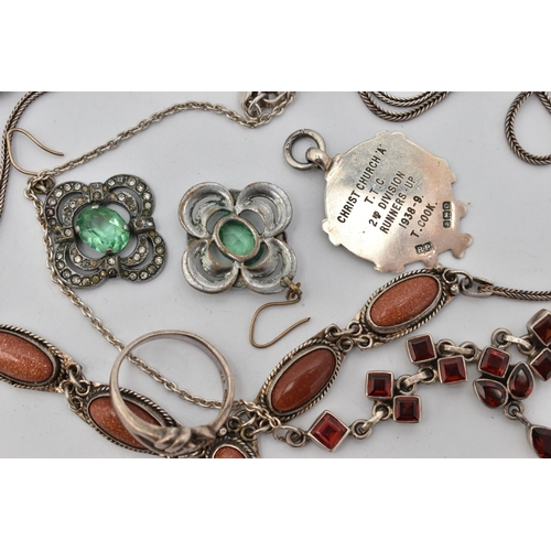 43 - SIX ITEMS OF SILVER AND WHITE METAL JEWELLERY, to include a marcasite bracelet, a silver sporting me... 