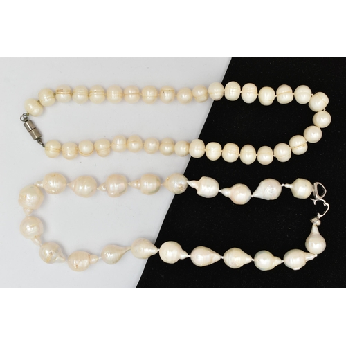 45 - TWO CULTURED BAROQUE PEARL NECKLACES, the first a white fire ball pearl necklace, fitted with a whit... 