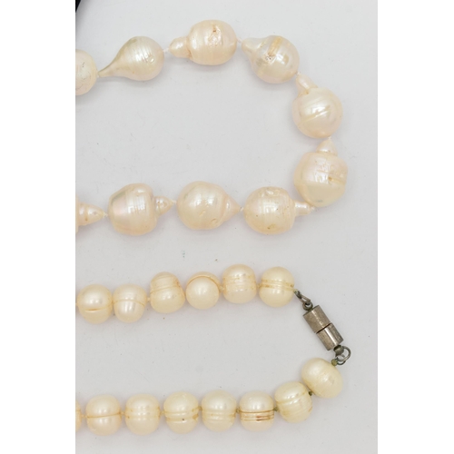 45 - TWO CULTURED BAROQUE PEARL NECKLACES, the first a white fire ball pearl necklace, fitted with a whit... 