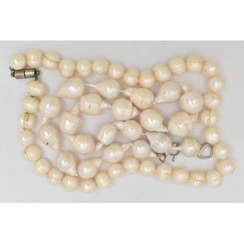 45 - TWO CULTURED BAROQUE PEARL NECKLACES, the first a white fire ball pearl necklace, fitted with a whit... 