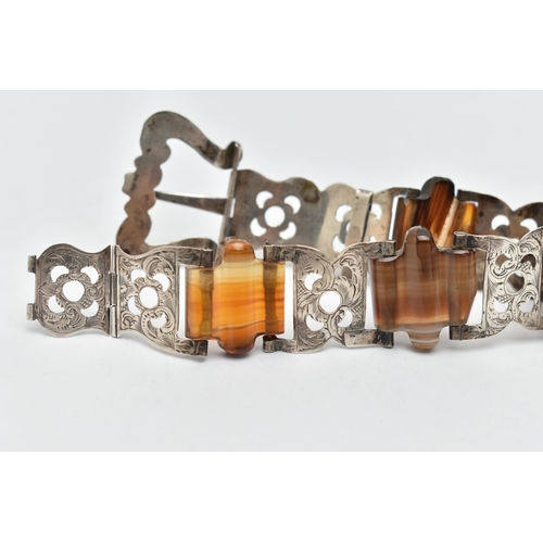 47 - A WHITE METAL BANDED AGATE BRACELET, in the form of a belt with buckle, designed as a series of whit... 