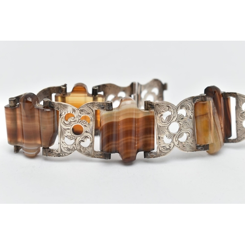 47 - A WHITE METAL BANDED AGATE BRACELET, in the form of a belt with buckle, designed as a series of whit... 