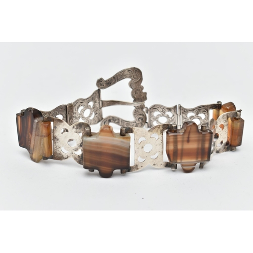 47 - A WHITE METAL BANDED AGATE BRACELET, in the form of a belt with buckle, designed as a series of whit... 