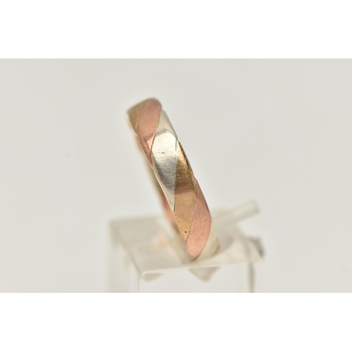 5 - A 9CT GOLD TRI COLOUR BAND RING, a twisted design of white, yellow and rose gold, approximate band w... 