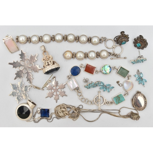 50 - A SMALL ASSORTMENT WHITE METAL JEWELLERY, to include an onyx, mother of pearl and abalone shell brac... 