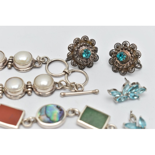 50 - A SMALL ASSORTMENT WHITE METAL JEWELLERY, to include an onyx, mother of pearl and abalone shell brac... 