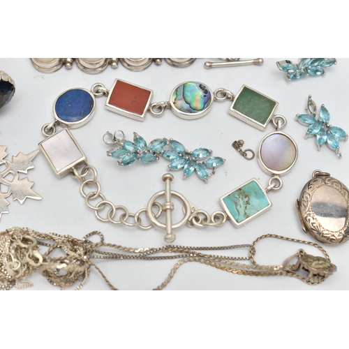 50 - A SMALL ASSORTMENT WHITE METAL JEWELLERY, to include an onyx, mother of pearl and abalone shell brac... 