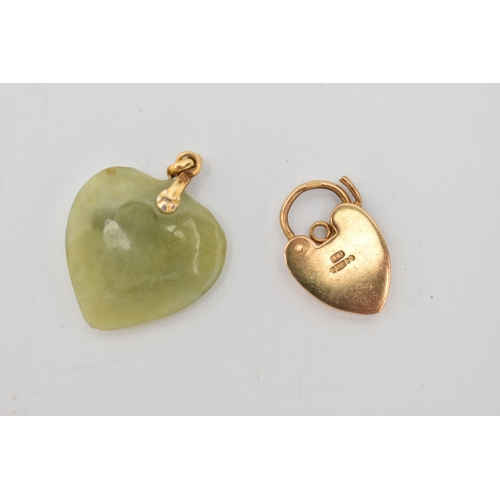 52 - A 9CT GOLD HEART PADLOCK CLASP AND A JADE PENDANT, the foliate pattern heart padlock clasp, hallmark... 