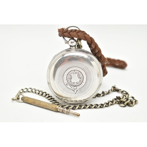 53 - A SILVER OPEN FACE POCKET WATCH, key wound, white dial, Roman numerals, subsidiary dial at the six o... 