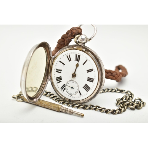 53 - A SILVER OPEN FACE POCKET WATCH, key wound, white dial, Roman numerals, subsidiary dial at the six o... 