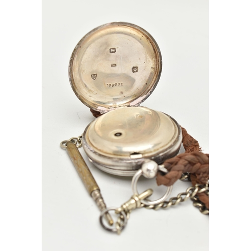 53 - A SILVER OPEN FACE POCKET WATCH, key wound, white dial, Roman numerals, subsidiary dial at the six o... 