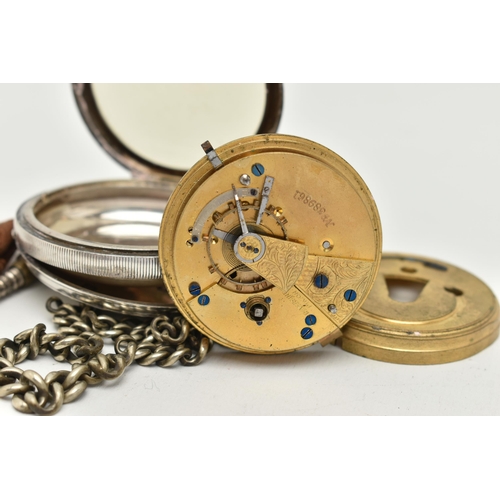 53 - A SILVER OPEN FACE POCKET WATCH, key wound, white dial, Roman numerals, subsidiary dial at the six o... 