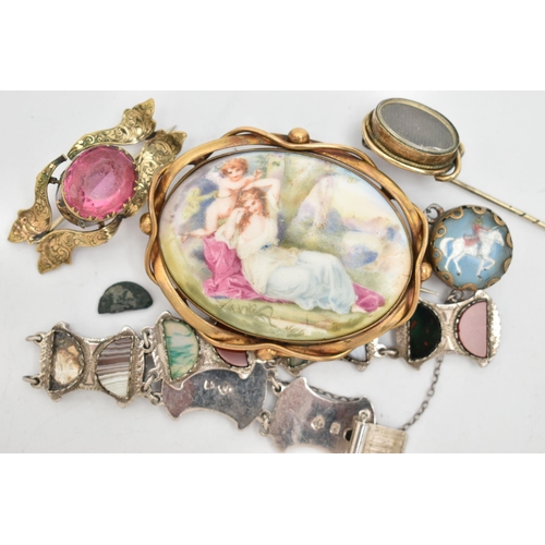 58 - A SELECTION OF JEWELLERY, to include a panel bracelet, inlaid with mainly glass and some agate semi-... 