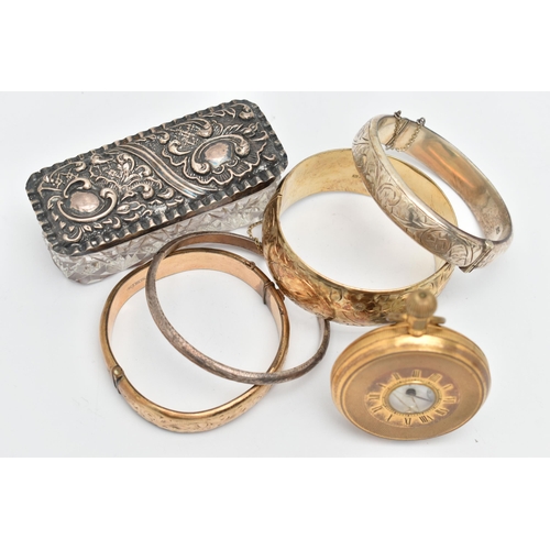 65 - FOUR BANGLES, A POCKET WATCH AND A GLASS JAR, to include a wide silver gilt hinged bangle, hallmarke... 