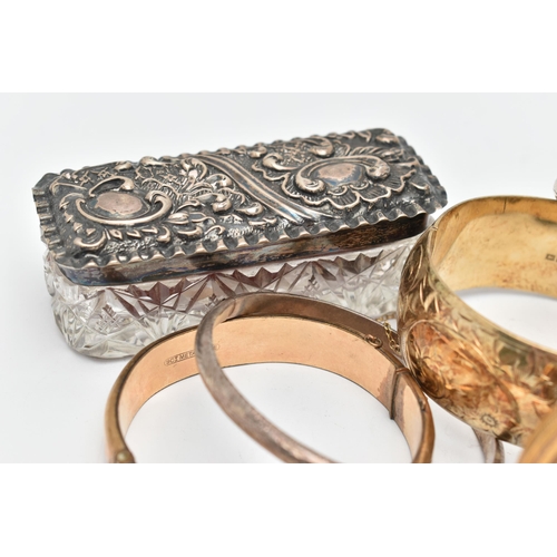 65 - FOUR BANGLES, A POCKET WATCH AND A GLASS JAR, to include a wide silver gilt hinged bangle, hallmarke... 