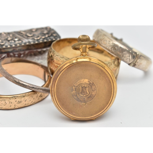 65 - FOUR BANGLES, A POCKET WATCH AND A GLASS JAR, to include a wide silver gilt hinged bangle, hallmarke... 