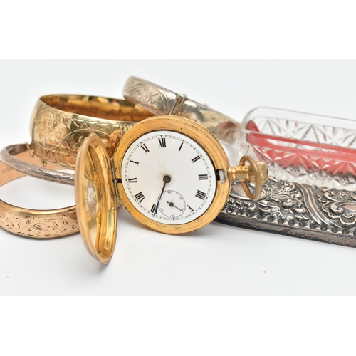 65 - FOUR BANGLES, A POCKET WATCH AND A GLASS JAR, to include a wide silver gilt hinged bangle, hallmarke... 