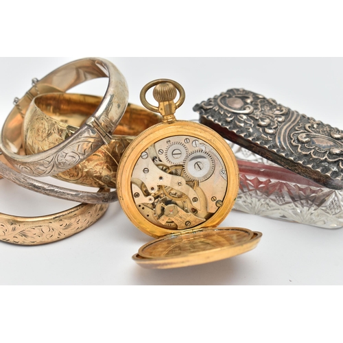 65 - FOUR BANGLES, A POCKET WATCH AND A GLASS JAR, to include a wide silver gilt hinged bangle, hallmarke... 