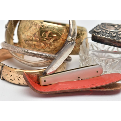 65 - FOUR BANGLES, A POCKET WATCH AND A GLASS JAR, to include a wide silver gilt hinged bangle, hallmarke... 