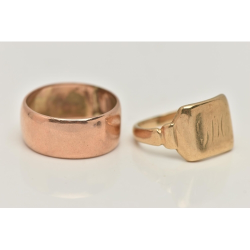 68 - TWO GENTS RINGS, the first a wide polished rose gold band ring, approximate band width 8.7mm, hallma... 