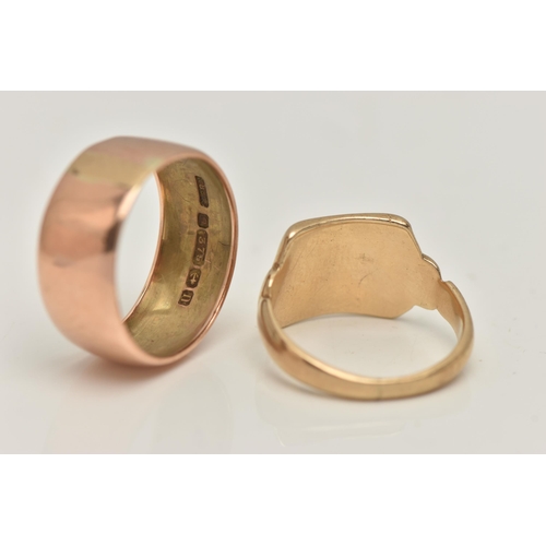 68 - TWO GENTS RINGS, the first a wide polished rose gold band ring, approximate band width 8.7mm, hallma... 