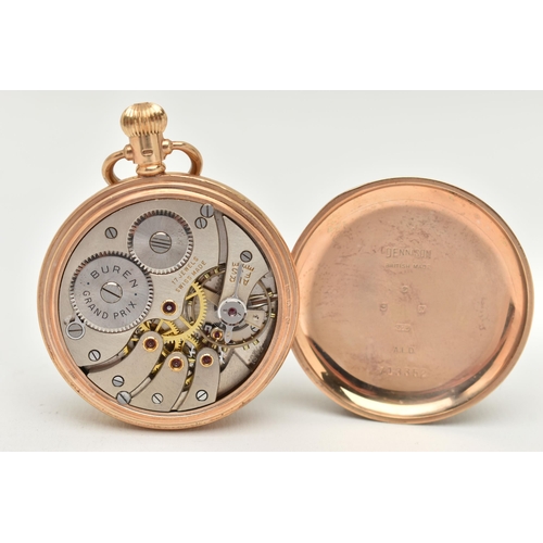 72 - A 9CT GOLD 'BUREN' OPEN FACE POCKET WATCH, manual wind, round white dial signed 'Buren Grand Prix', ... 