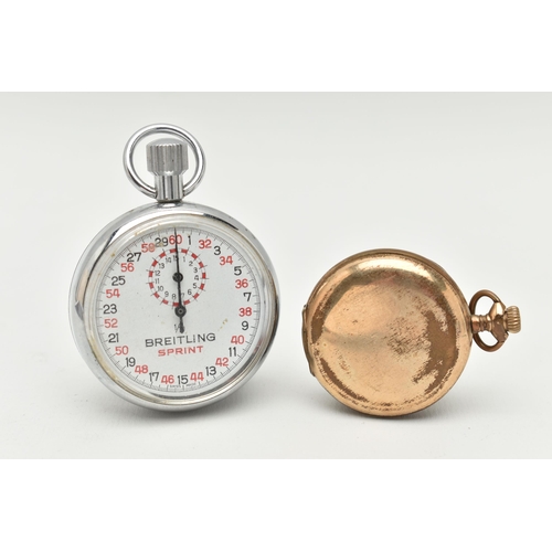 73 - A GOLD PLATED 'WALTHAM' POCKET WATCH AND A 'BREITLING' STOP WATCH, the manual wind full hunter pocke... 