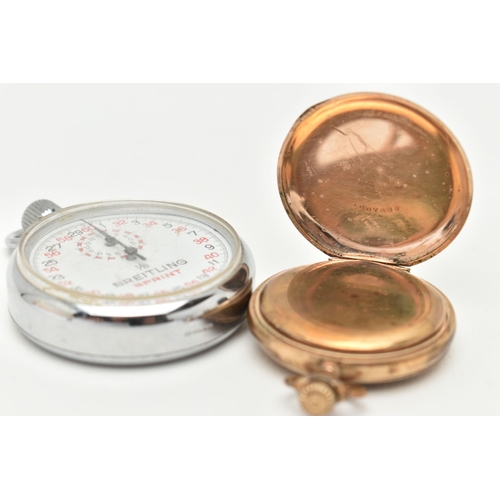 73 - A GOLD PLATED 'WALTHAM' POCKET WATCH AND A 'BREITLING' STOP WATCH, the manual wind full hunter pocke... 