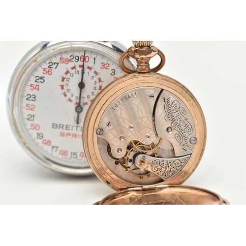 73 - A GOLD PLATED 'WALTHAM' POCKET WATCH AND A 'BREITLING' STOP WATCH, the manual wind full hunter pocke... 