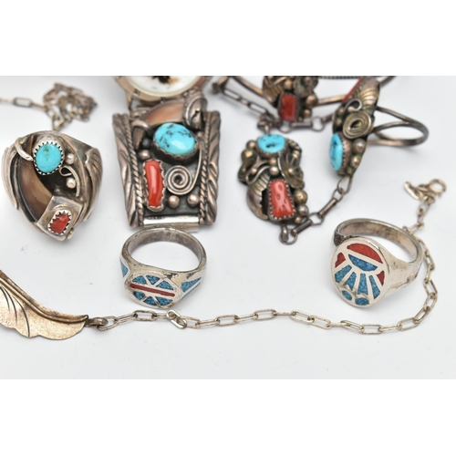 74 - WHITE METAL NAVAJO JEWELLERY, to include a cuff bangle set with coral, turquoise and a central bear ... 