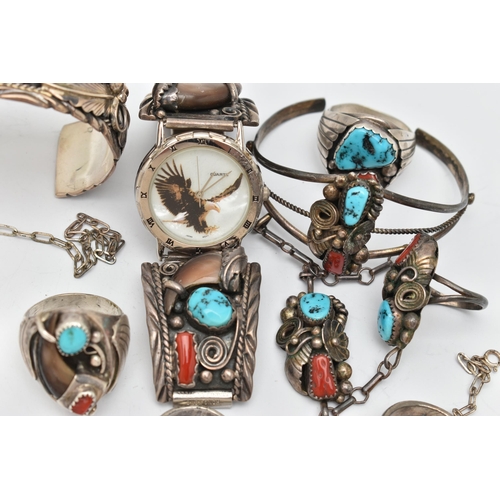 74 - WHITE METAL NAVAJO JEWELLERY, to include a cuff bangle set with coral, turquoise and a central bear ... 