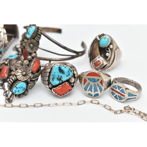 74 - WHITE METAL NAVAJO JEWELLERY, to include a cuff bangle set with coral, turquoise and a central bear ... 