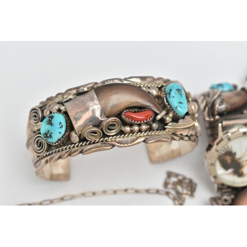 74 - WHITE METAL NAVAJO JEWELLERY, to include a cuff bangle set with coral, turquoise and a central bear ... 