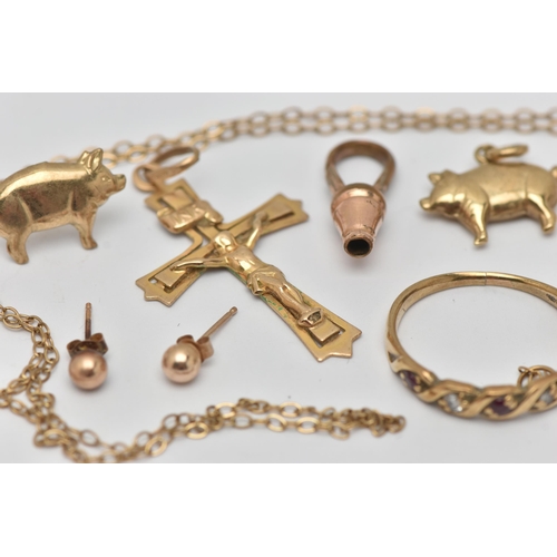 8 - A SMALL ASSORTMENT OF 9CT GOLD AND YELLOW METAL JEWELLERY, to include a yellow gold crucifix pendant... 