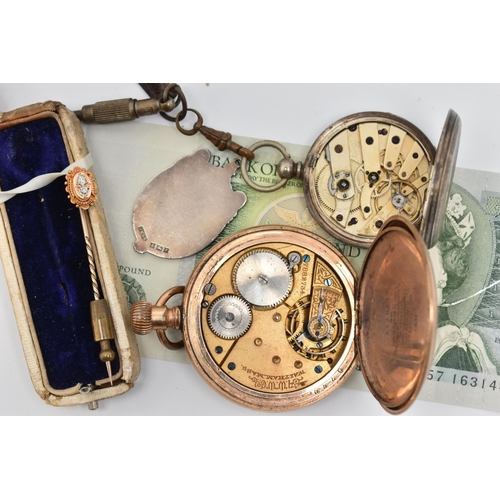 101 - A DIAMOND SET STICK PIN, TWO POCKET WATCHES AND A BANKNOTE, yellow metal Etruscan oval stick pin, se... 